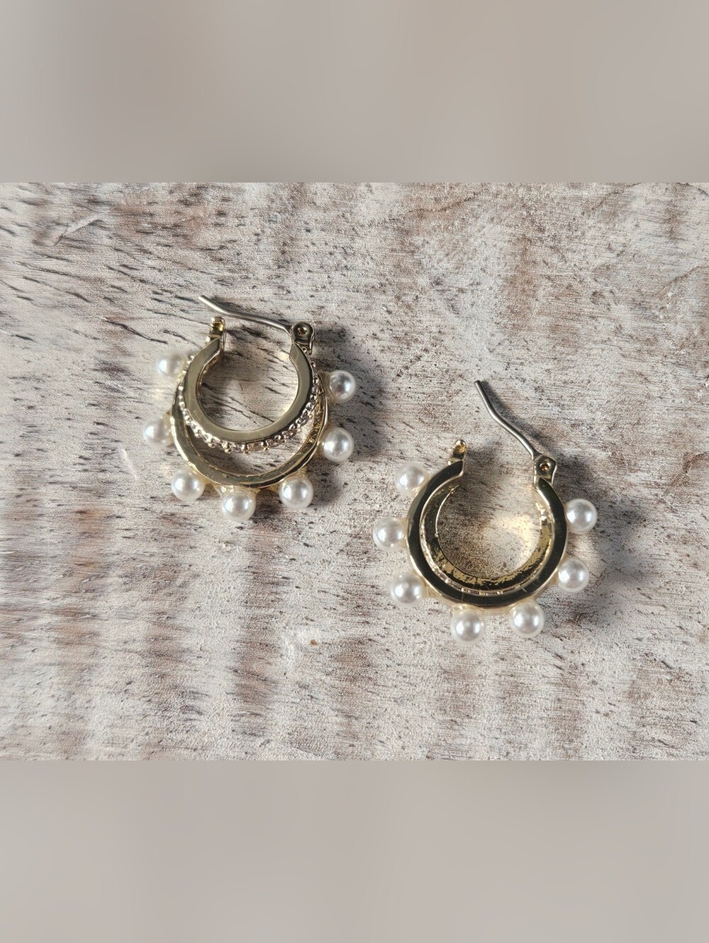 J.Crew nwt Mini pearl and pavé double-hoop Gold Earrings with Pearl Drops and a - Picture 3 of 11